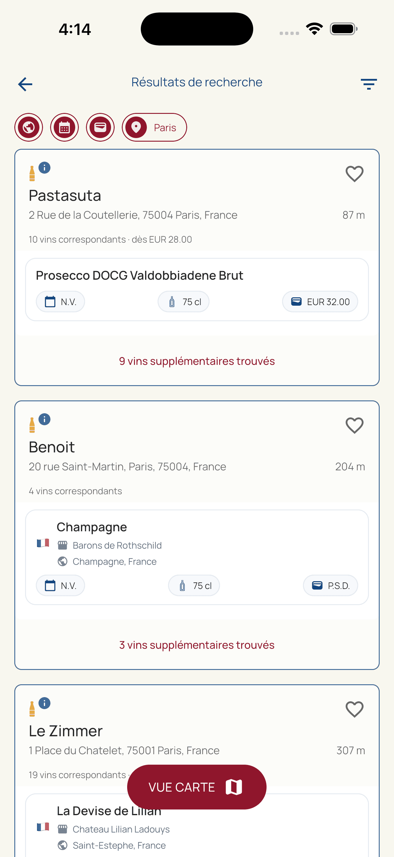 HiddenWines search results showing restaurants serving matching wines