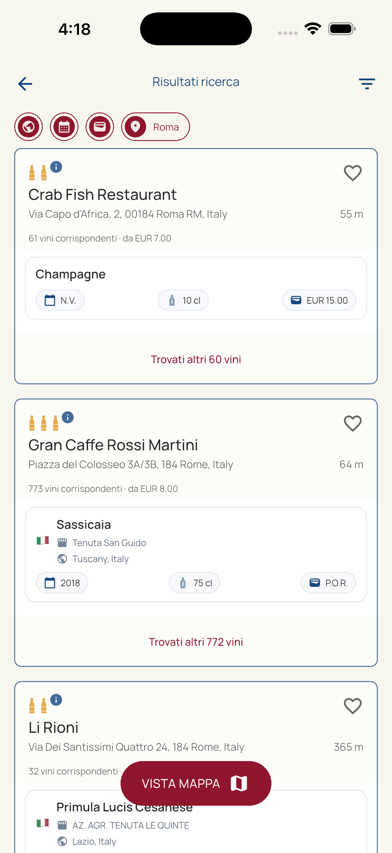 HiddenWines search results showing restaurants serving matching wines
