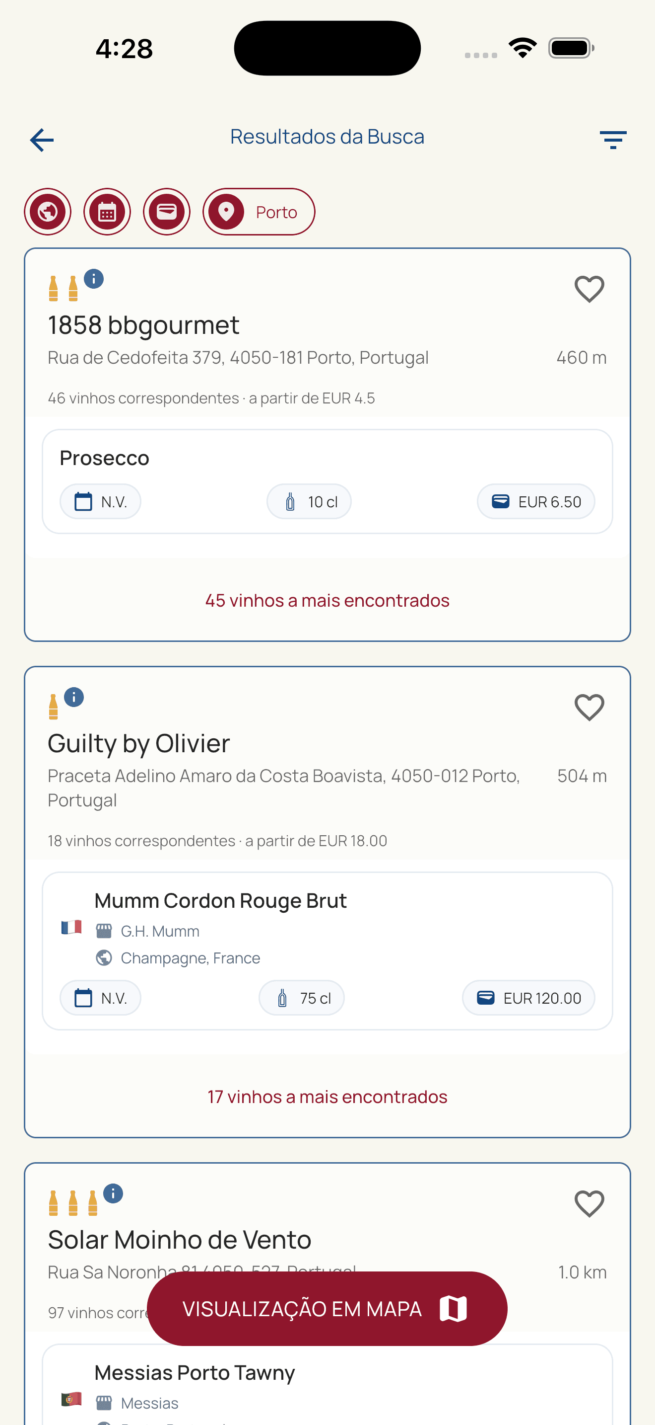 HiddenWines search results showing restaurants serving matching wines